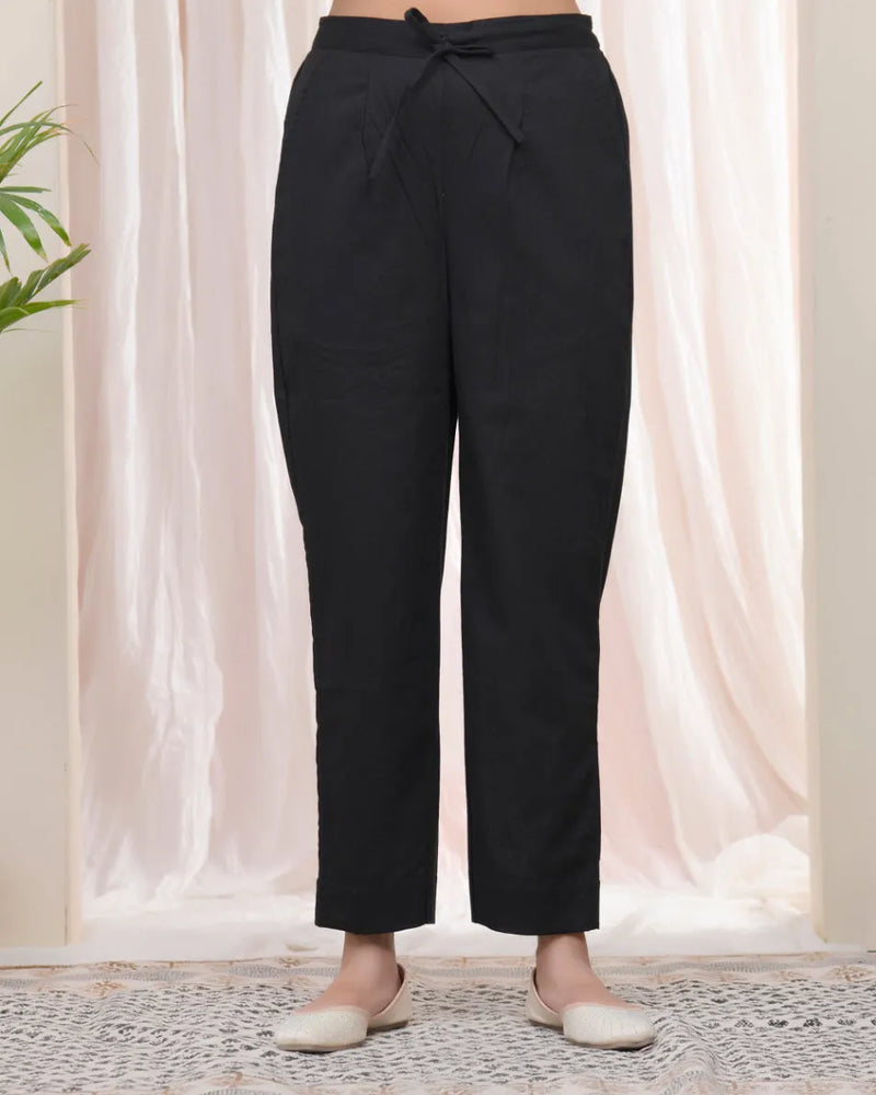 Women Black Cotton Flax Solid Straight Pants (Set of 5 Pc)