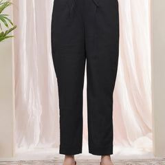 Women Black Cotton Flax Solid Straight Pants (Set of 5 Pc)