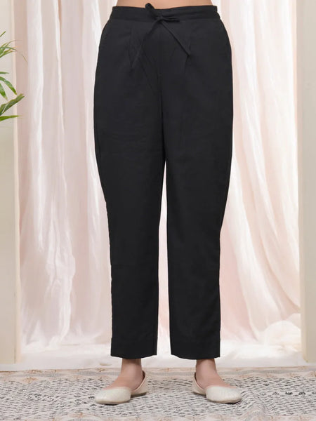 Women Black Cotton Flax Solid Straight Pants (Set of 5 Pc)