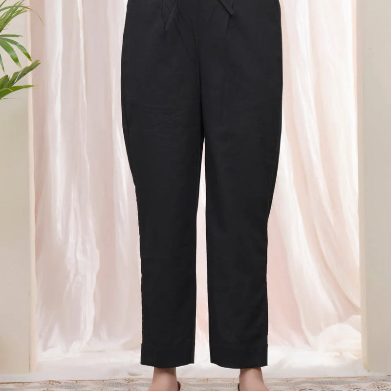 Women Black Cotton Flax Solid Straight Pants (Set of 5 Pc)