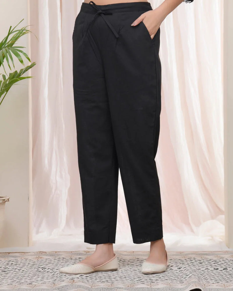 Women Black Cotton Flax Solid Straight Pants (Set of 5 Pc)