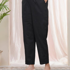 Women Black Cotton Flax Solid Straight Pants (Set of 5 Pc)