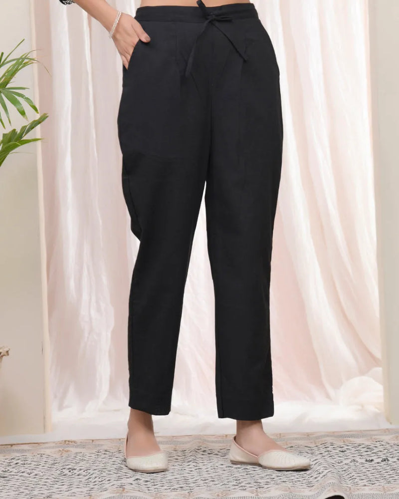 Women Black Cotton Flax Solid Straight Pants (Set of 5 Pc)