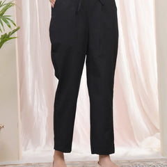 Women Black Cotton Flax Solid Straight Pants (Set of 5 Pc)