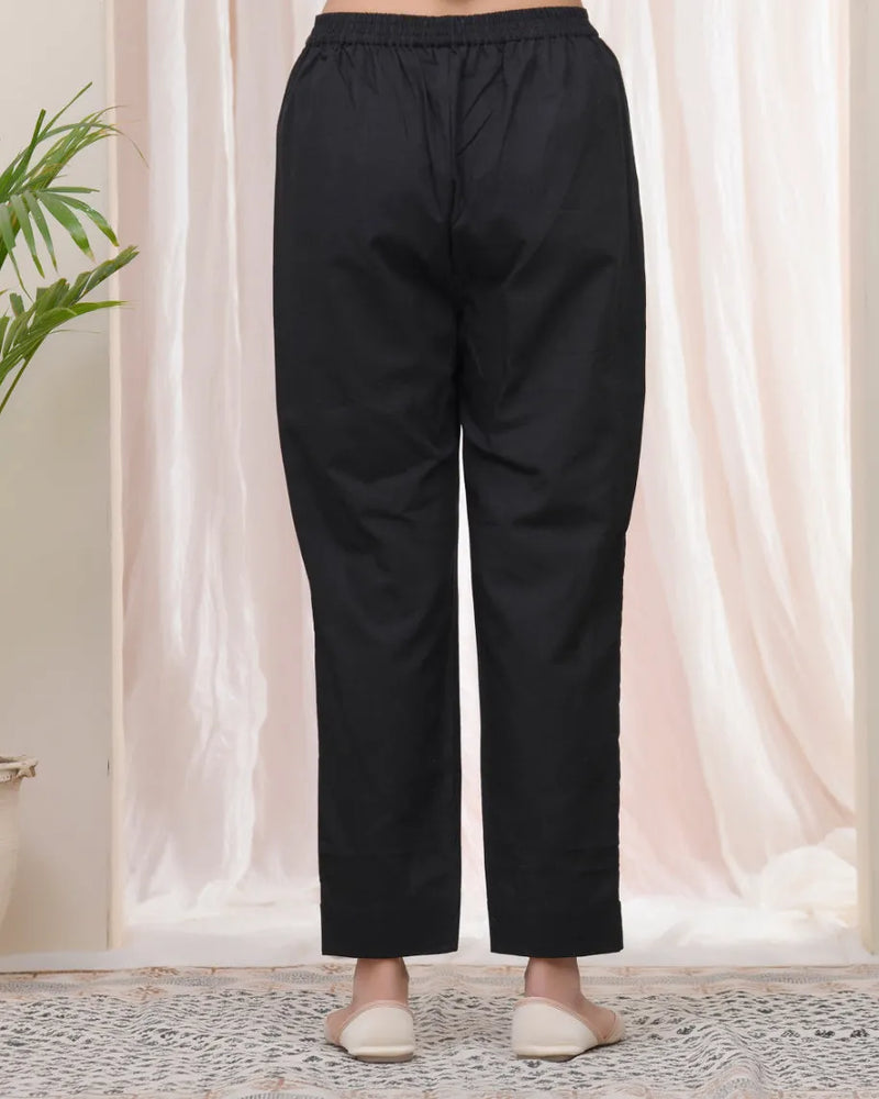 Women Black Cotton Flax Solid Straight Pants (Set of 5 Pc)