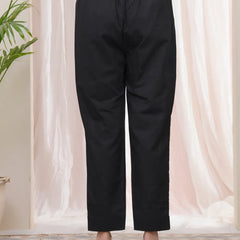 Women Black Cotton Flax Solid Straight Pants (Set of 5 Pc)