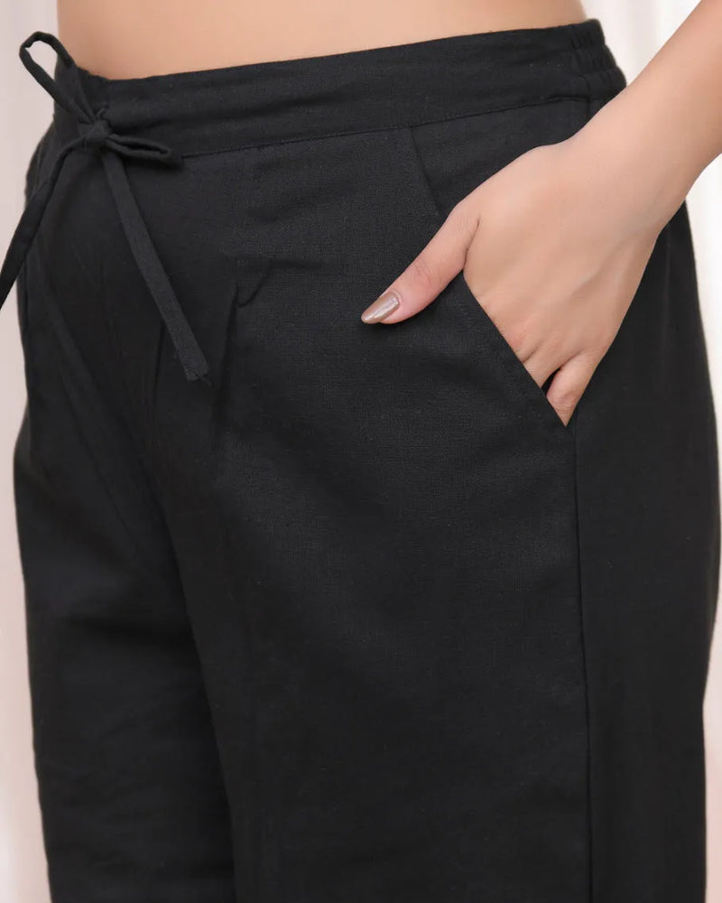 Women Black Cotton Flax Solid Straight Pants (Set of 5 Pc)