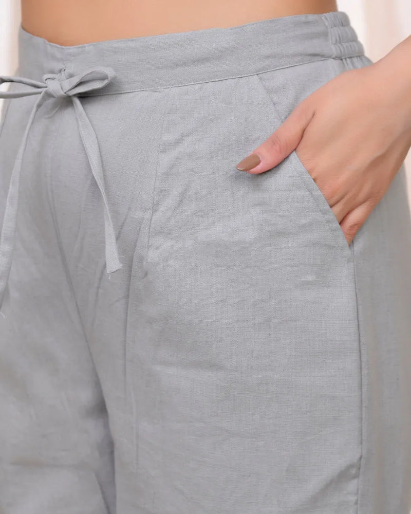 Women Grey Cotton Flax Solid Straight Pants (Set of 5 Pc)