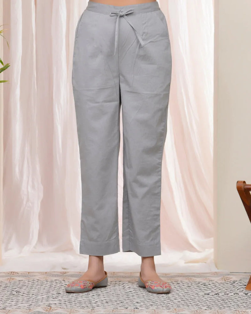 Women Grey Cotton Flax Solid Straight Pants (Set of 5 Pc)