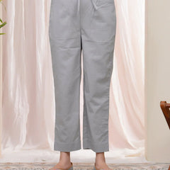 Women Grey Cotton Flax Solid Straight Pants (Set of 5 Pc)