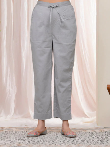 Women Grey Cotton Flax Solid Straight Pants (Set of 5 Pc)