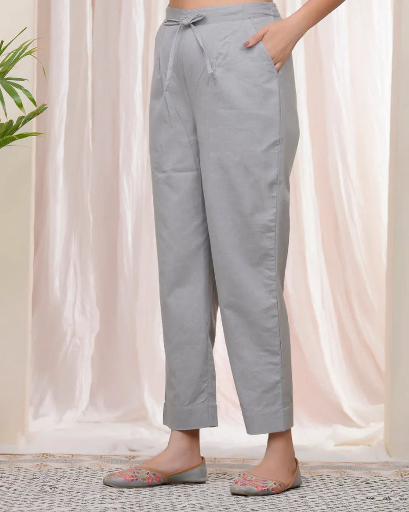 Women Grey Cotton Flax Solid Straight Pants (Set of 5 Pc)