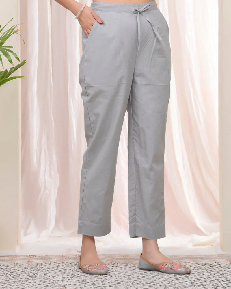 Women Grey Cotton Flax Solid Straight Pants (Set of 5 Pc)