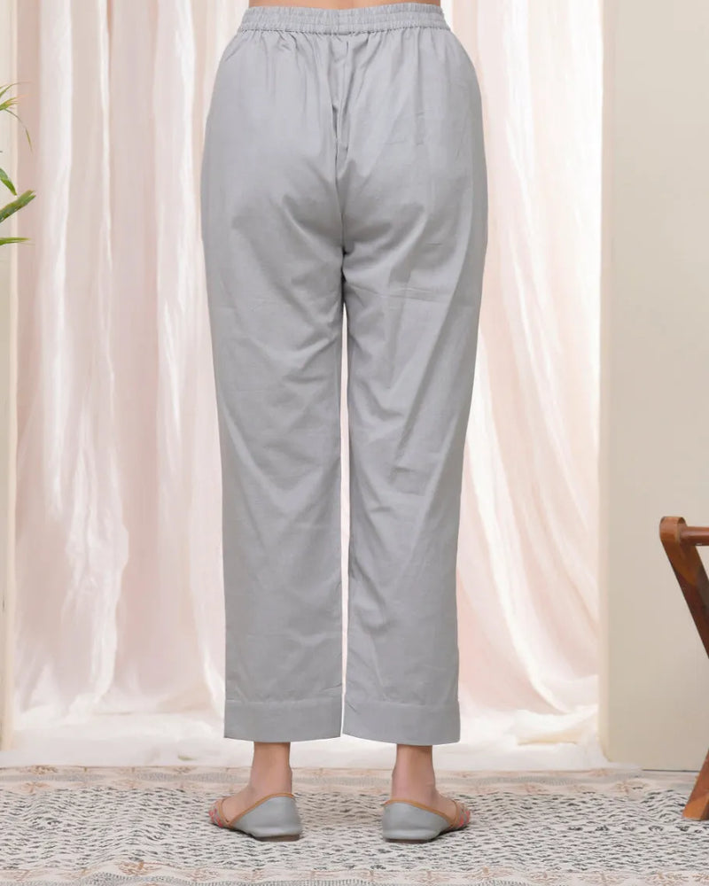 Women Grey Cotton Flax Solid Straight Pants (Set of 5 Pc)