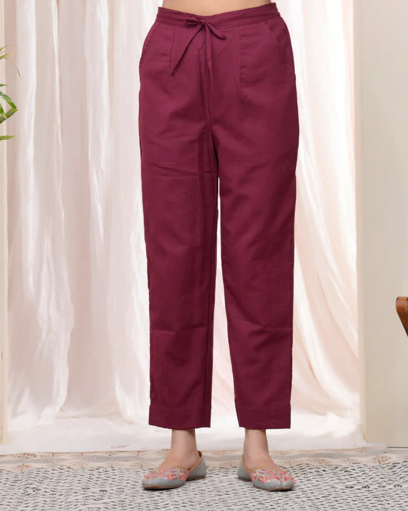 Women Magenta Cotton Straight Pants (Set of 5 Pc)