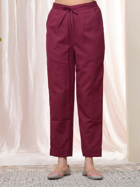 Women Magenta Cotton Straight Pants (Set of 5 Pc)