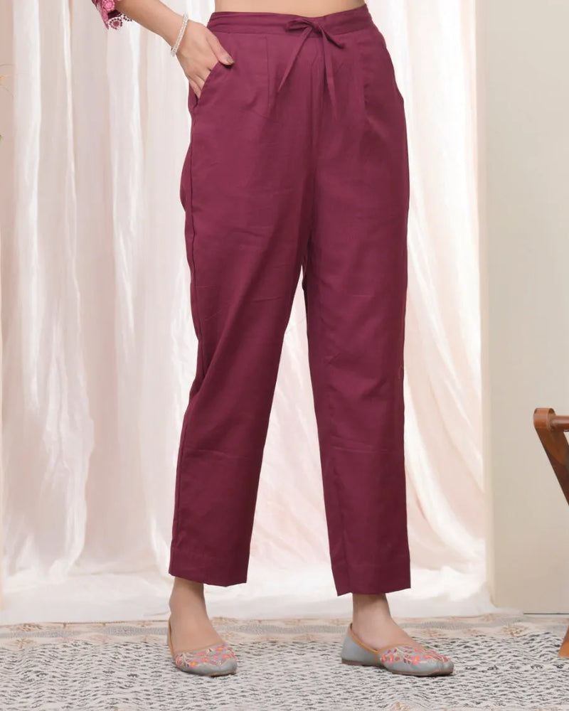 Women Magenta Cotton Straight Pants (Set of 5 Pc)