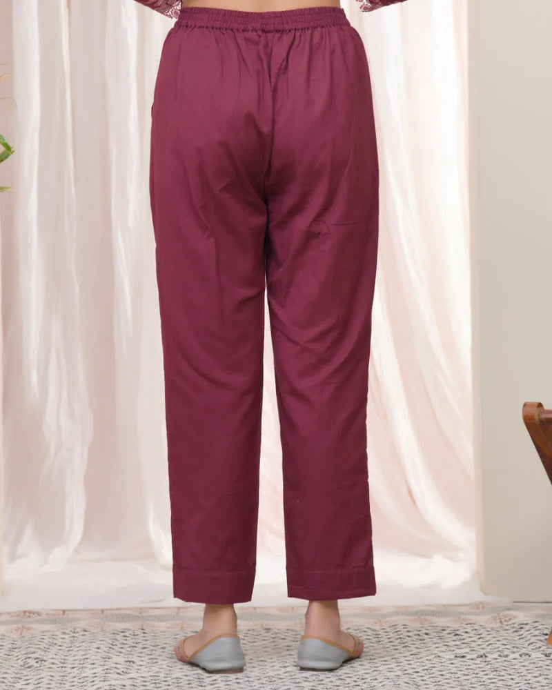 Women Magenta Cotton Straight Pants (Set of 5 Pc)
