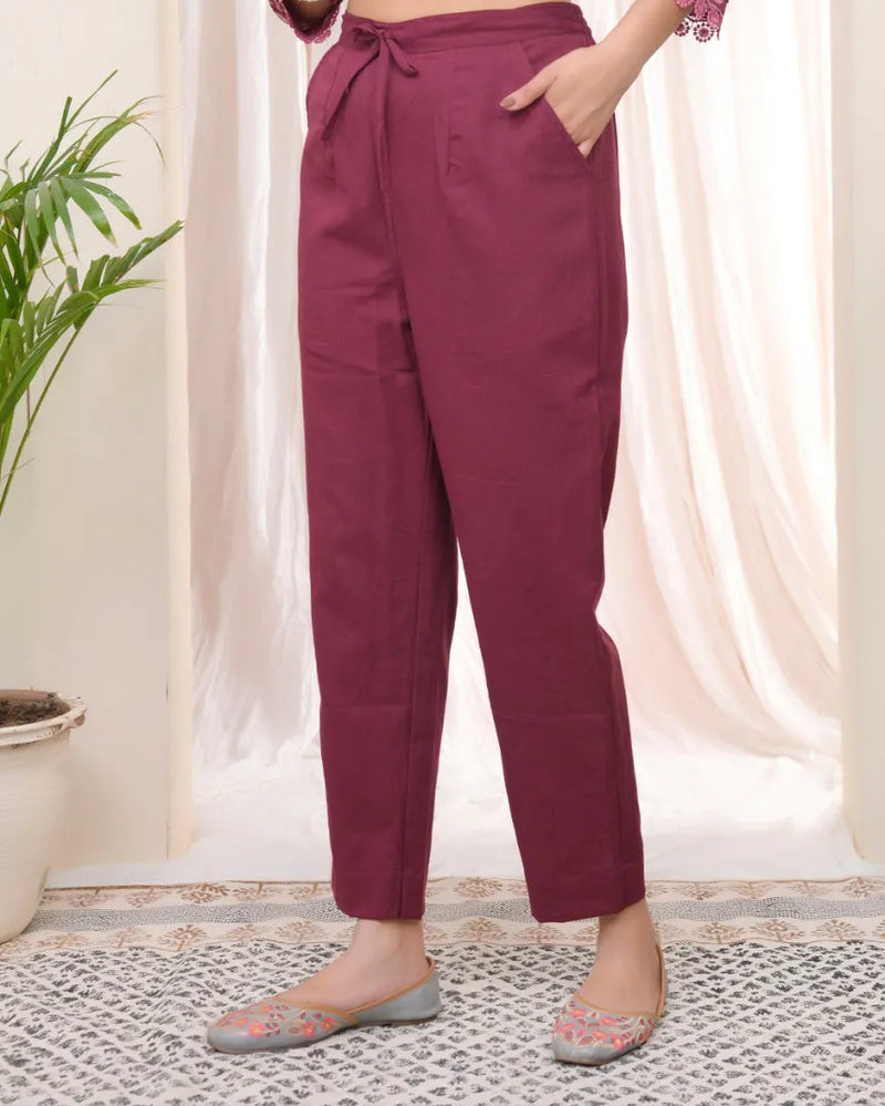 Women Magenta Cotton Straight Pants (Set of 5 Pc)