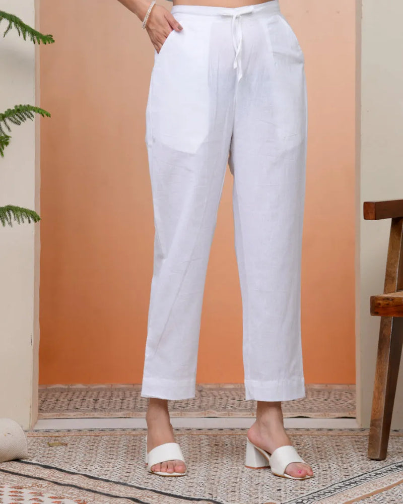 Women Whitel Cotton Flax Solid Straight Pants (Set of 5 Pc)