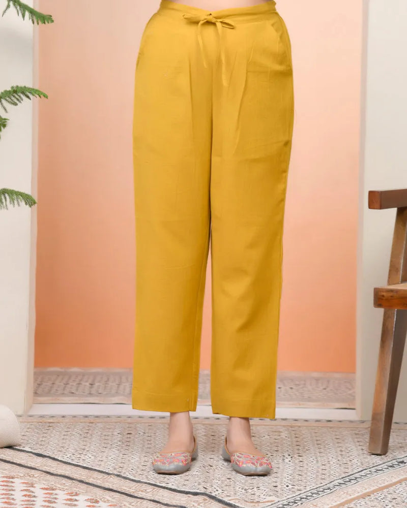 Women Mustard Cotton Flax Solid Straight Pants (Set of 5 Pc)