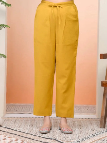 Women Mustard Cotton Flax Solid Straight Pants (Set of 5 Pc)