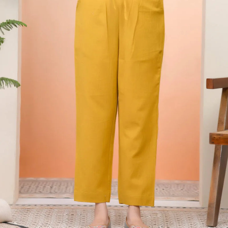 Women Mustard Cotton Flax Solid Straight Pants (Set of 5 Pc)