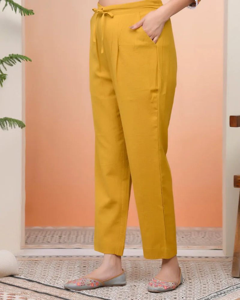 Women Mustard Cotton Flax Solid Straight Pants (Set of 5 Pc)