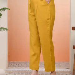 Women Mustard Cotton Flax Solid Straight Pants (Set of 5 Pc)