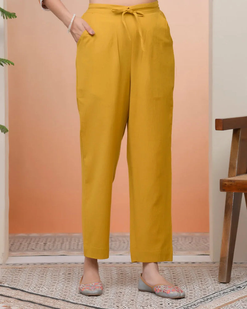 Women Mustard Cotton Flax Solid Straight Pants (Set of 5 Pc)