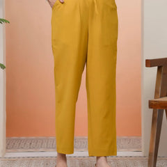 Women Mustard Cotton Flax Solid Straight Pants (Set of 5 Pc)