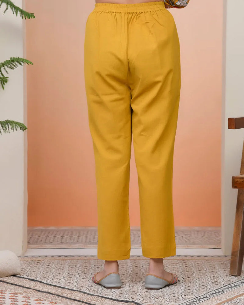 Women Mustard Cotton Flax Solid Straight Pants (Set of 5 Pc)