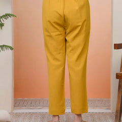 Women Mustard Cotton Flax Solid Straight Pants (Set of 5 Pc)