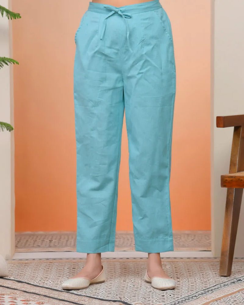 Women Turquoise Cotton Flax Solid Straight Pants (Set of 5 Pc)