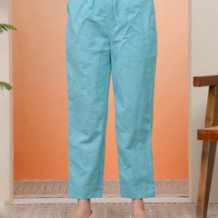 Women Turquoise Cotton Flax Solid Straight Pants (Set of 5 Pc)