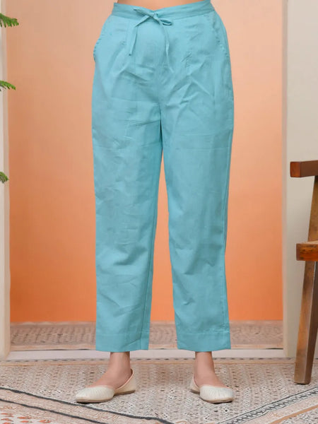 Women Turquoise Cotton Flax Solid Straight Pants (Set of 5 Pc)