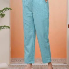 Women Turquoise Cotton Flax Solid Straight Pants (Set of 5 Pc)