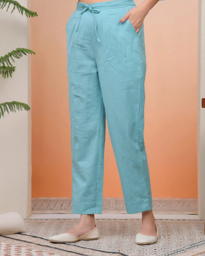 Women Turquoise Cotton Flax Solid Straight Pants (Set of 5 Pc)
