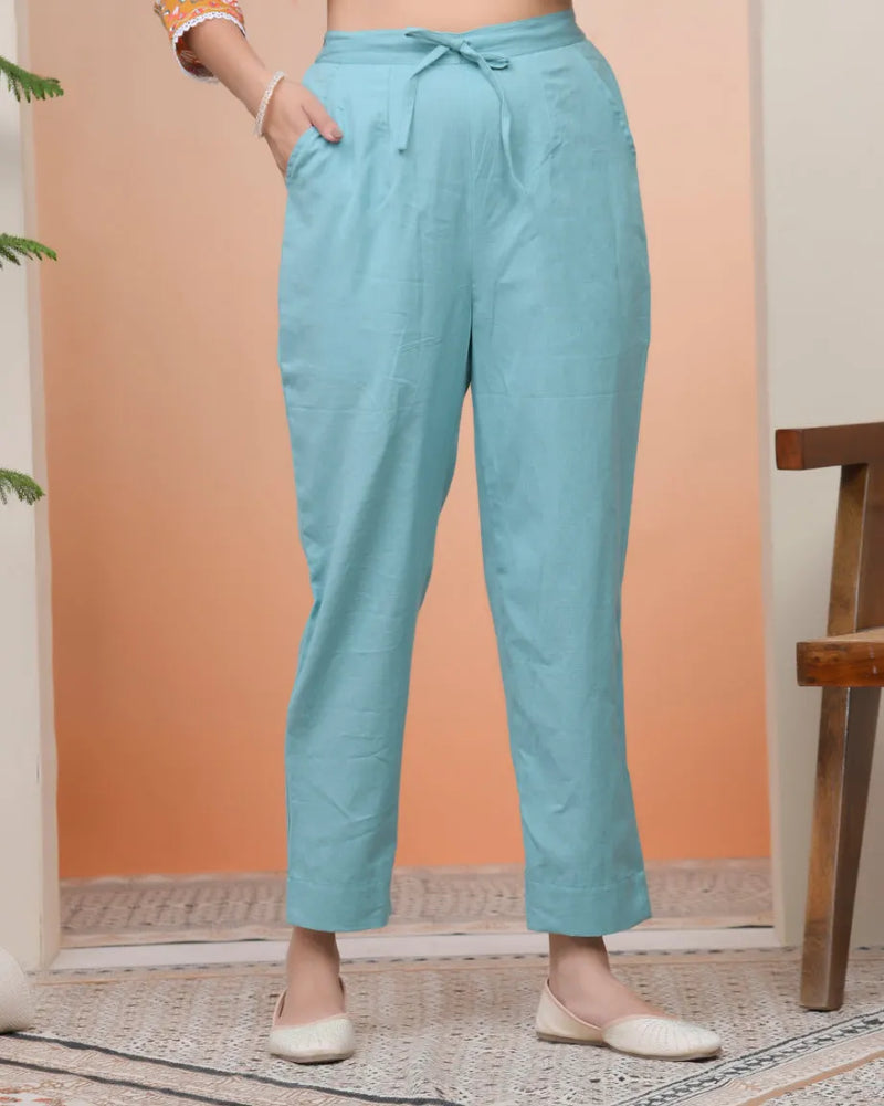 Women Turquoise Cotton Flax Solid Straight Pants (Set of 5 Pc)