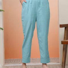 Women Turquoise Cotton Flax Solid Straight Pants (Set of 5 Pc)
