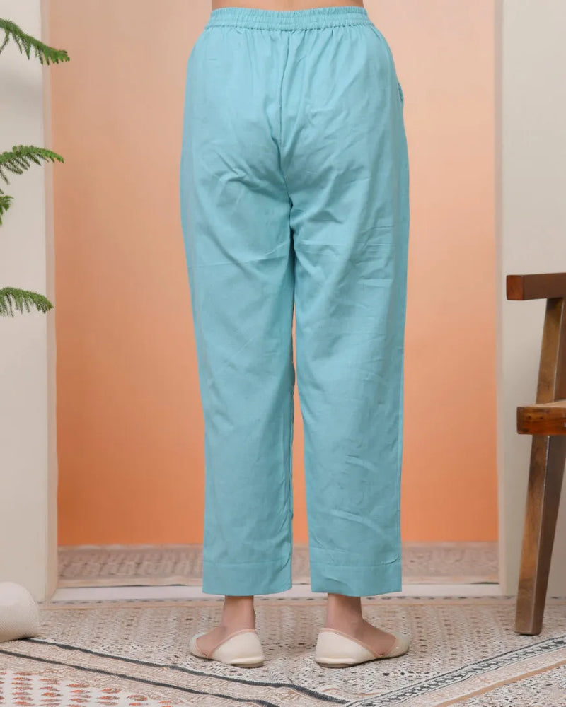 Women Turquoise Cotton Flax Solid Straight Pants (Set of 5 Pc)