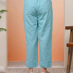 Women Turquoise Cotton Flax Solid Straight Pants (Set of 5 Pc)