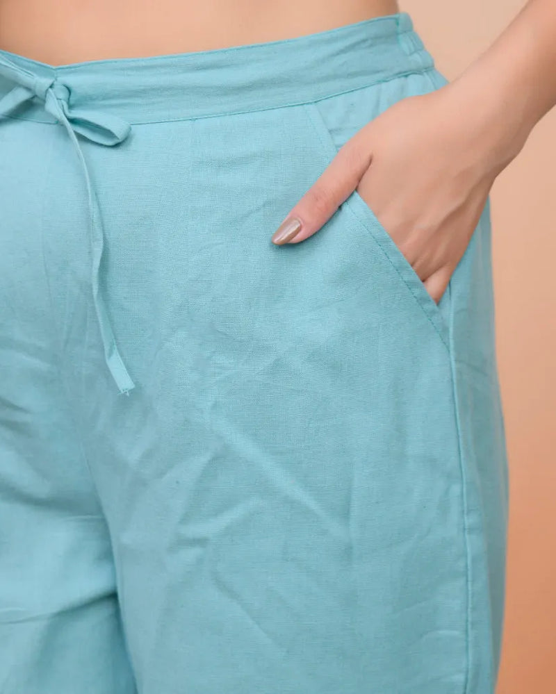 Women Turquoise Cotton Flax Solid Straight Pants (Set of 5 Pc)