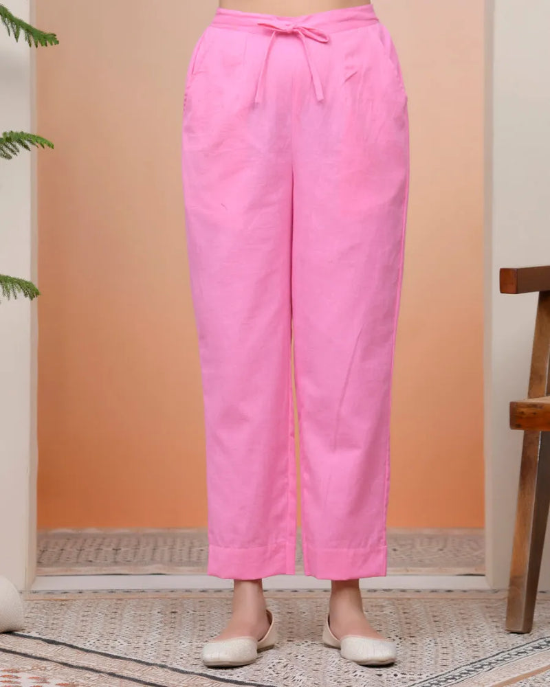 Women Pink Cotton Flax Solid Straight Pants (Set of 5 Pc)