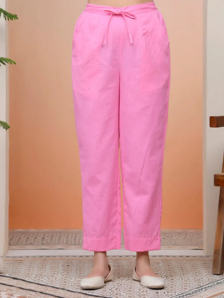 Women Pink Cotton Flax Solid Straight Pants (Set of 5 Pc)