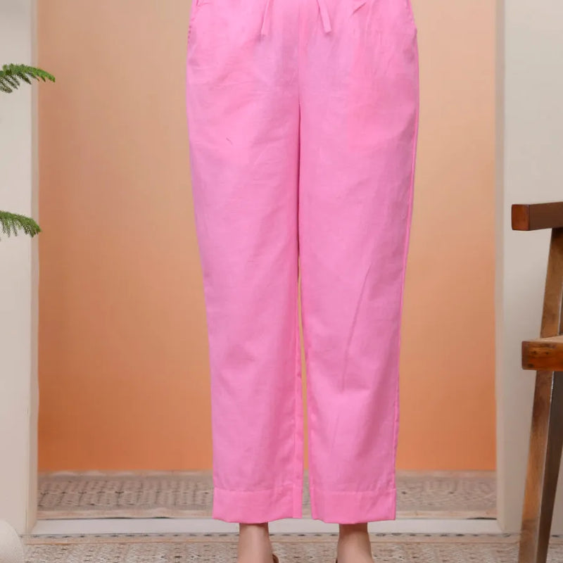 Women Pink Cotton Flax Solid Straight Pants (Set of 5 Pc)