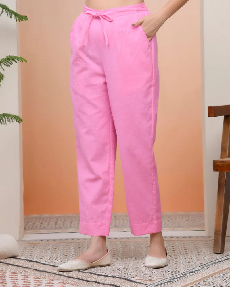Women Pink Cotton Flax Solid Straight Pants (Set of 5 Pc)