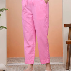 Women Pink Cotton Flax Solid Straight Pants (Set of 5 Pc)