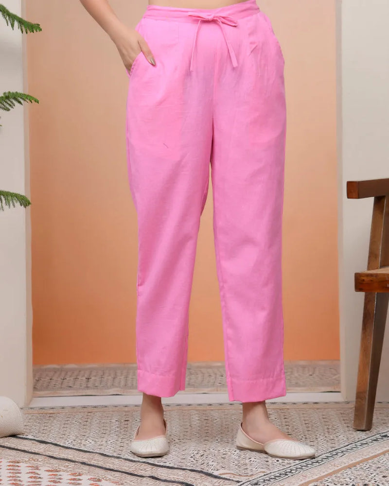 Women Pink Cotton Flax Solid Straight Pants (Set of 5 Pc)