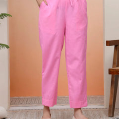 Women Pink Cotton Flax Solid Straight Pants (Set of 5 Pc)